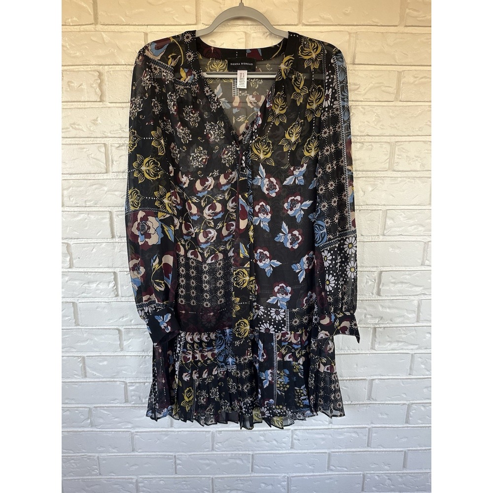 Donna‎ Morgan Women's Floral Patchwork Dress Size 6 Long Sleeve Ruffle Hem